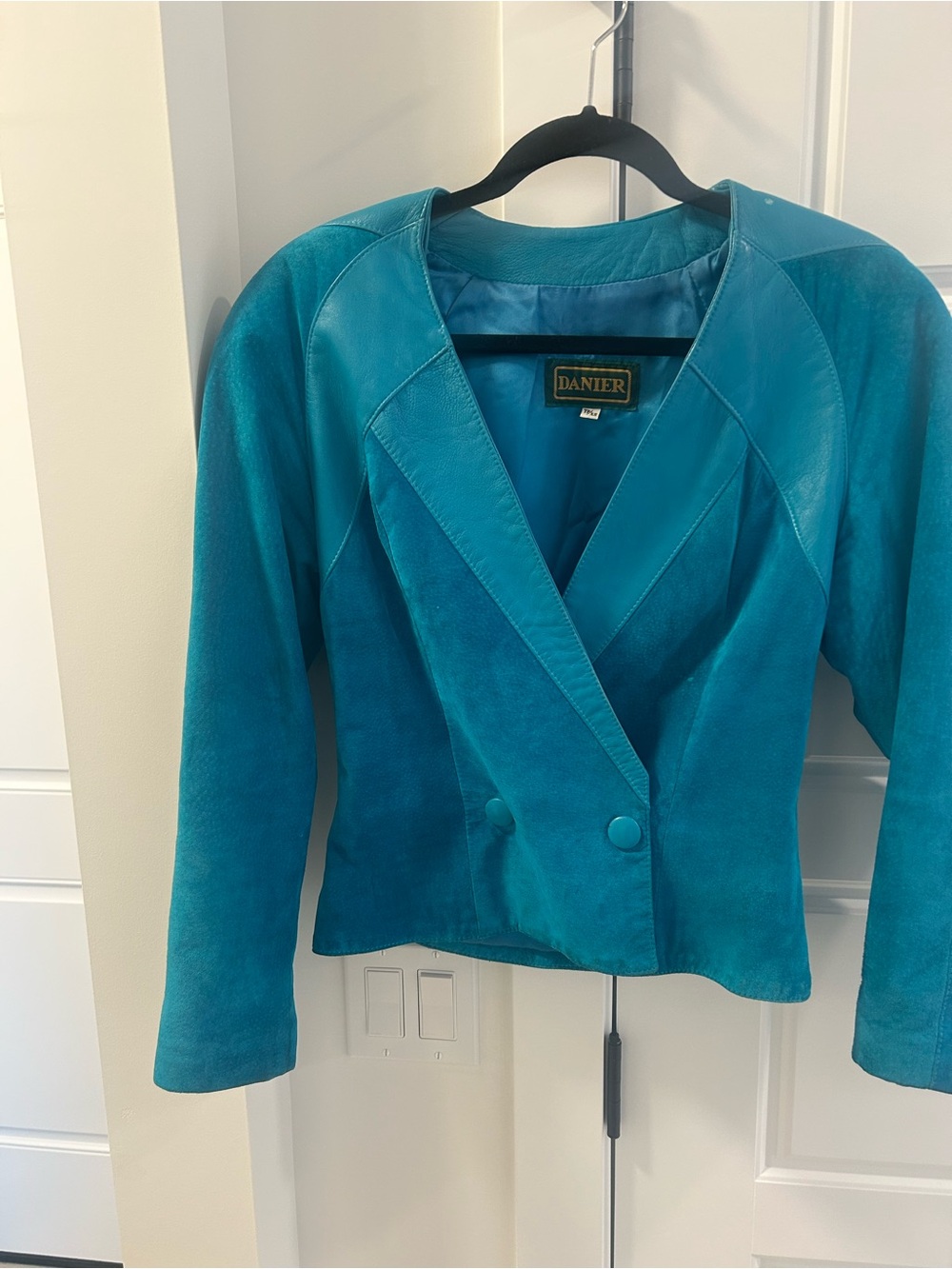 Vintage Danier Teal Suede Double-Button Cropped Blazer